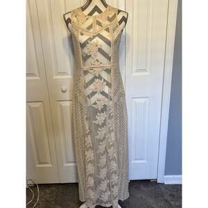 Forever 21 Floral Lace Dress Beige Lace Sheer Maxi Sleeveless Empire Waist Med